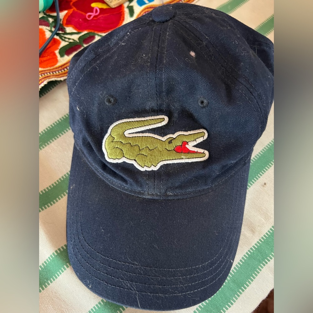 Lacoste unisex Crocodile logo hat RN87651 Navy w/ leather adjustable strap guc